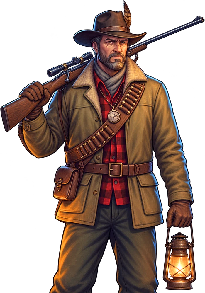 The Hunter: a bearded hunter with a rifle on his shoulder and a lantern
