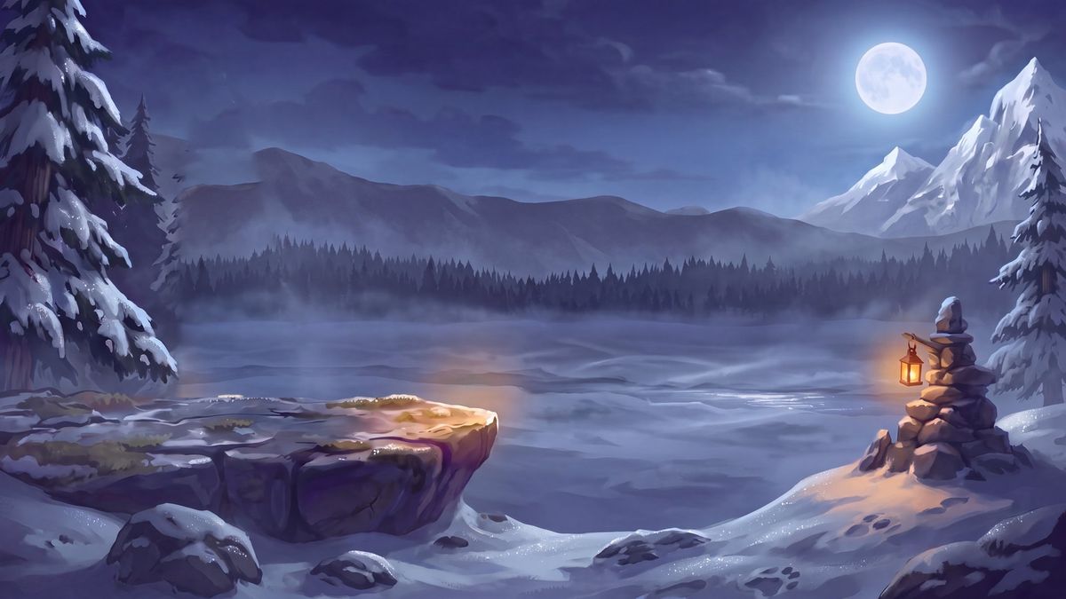 Big Game Hunt world: snow, a frozen lake and a lantern on a stone cairn