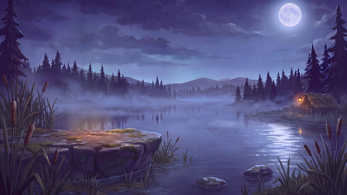 Bird Hunt world: a misty moonlit wetland with reeds and a lakeside hut