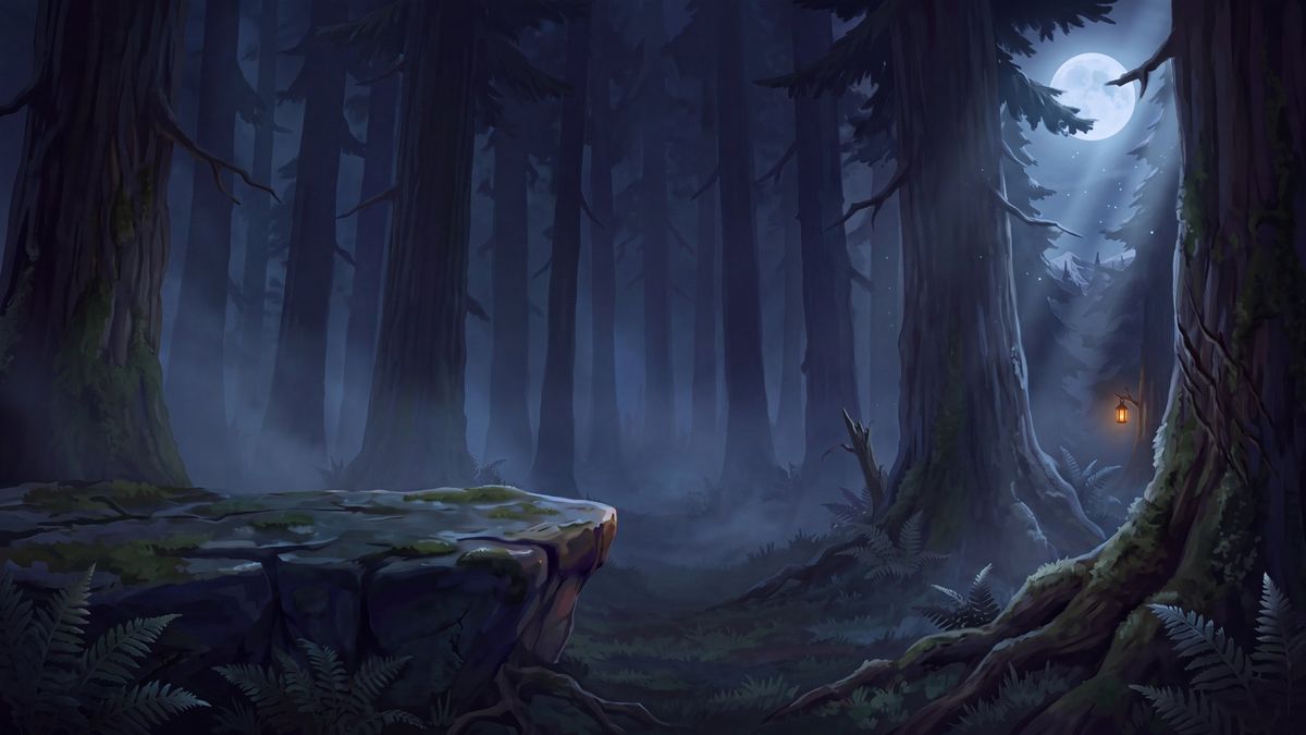 Wild Hunt world: a deep pine forest with moonlight through the trunks