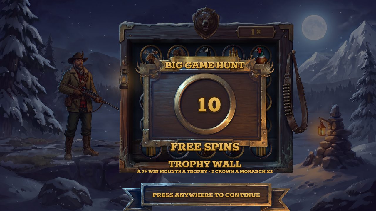 Big Game Hunt intro card: 10 free spins, Trophy Wall