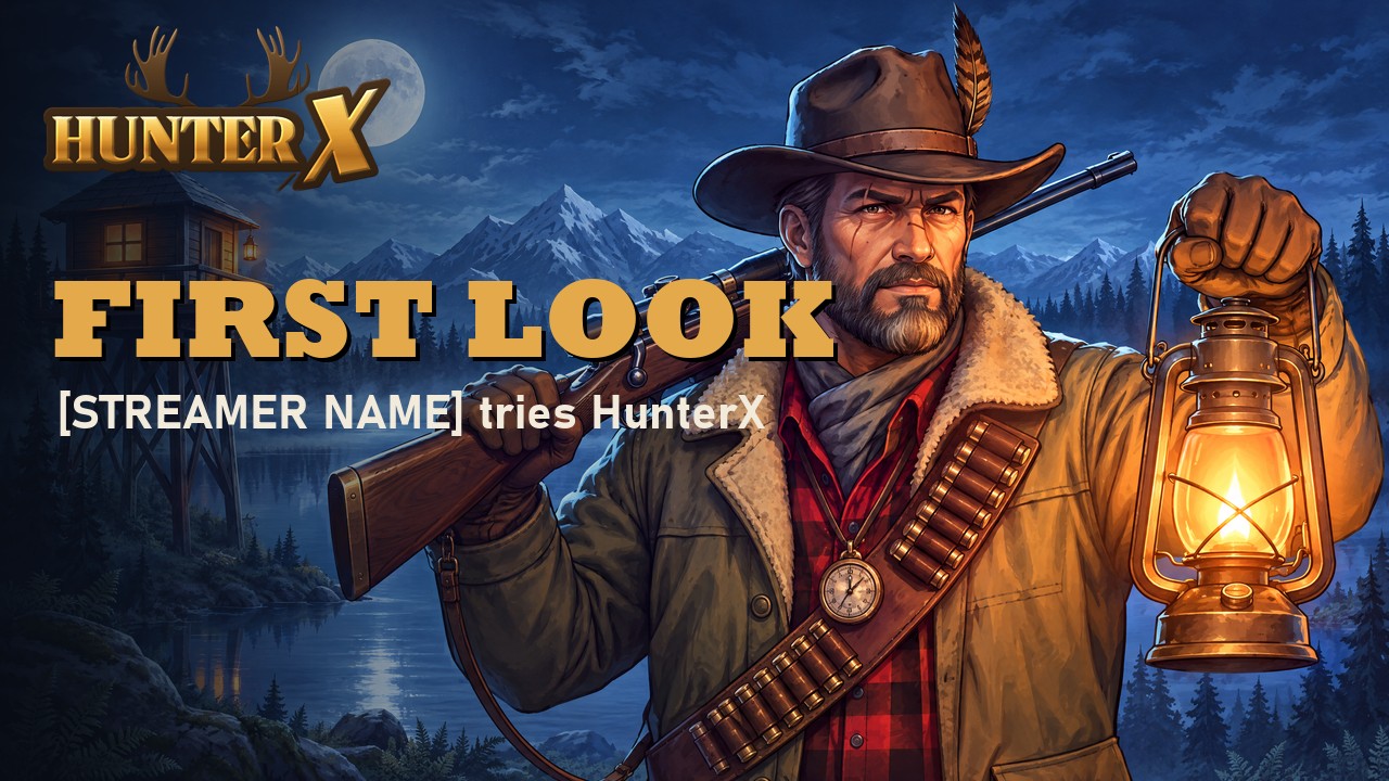 Thumbnail template: the Hunter with a rifle and a lit lantern by a moonlit lake, the HunterX logo, FIRST LOOK and [STREAMER NAME] tries HunterX