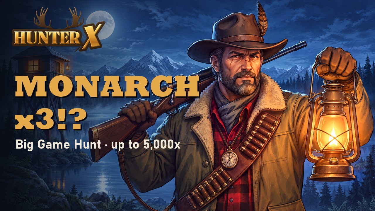 Thumbnail: the Hunter with a rifle and a lit lantern by a moonlit lake, the HunterX logo, MONARCH x3!? and Big Game Hunt · up to 5,000x