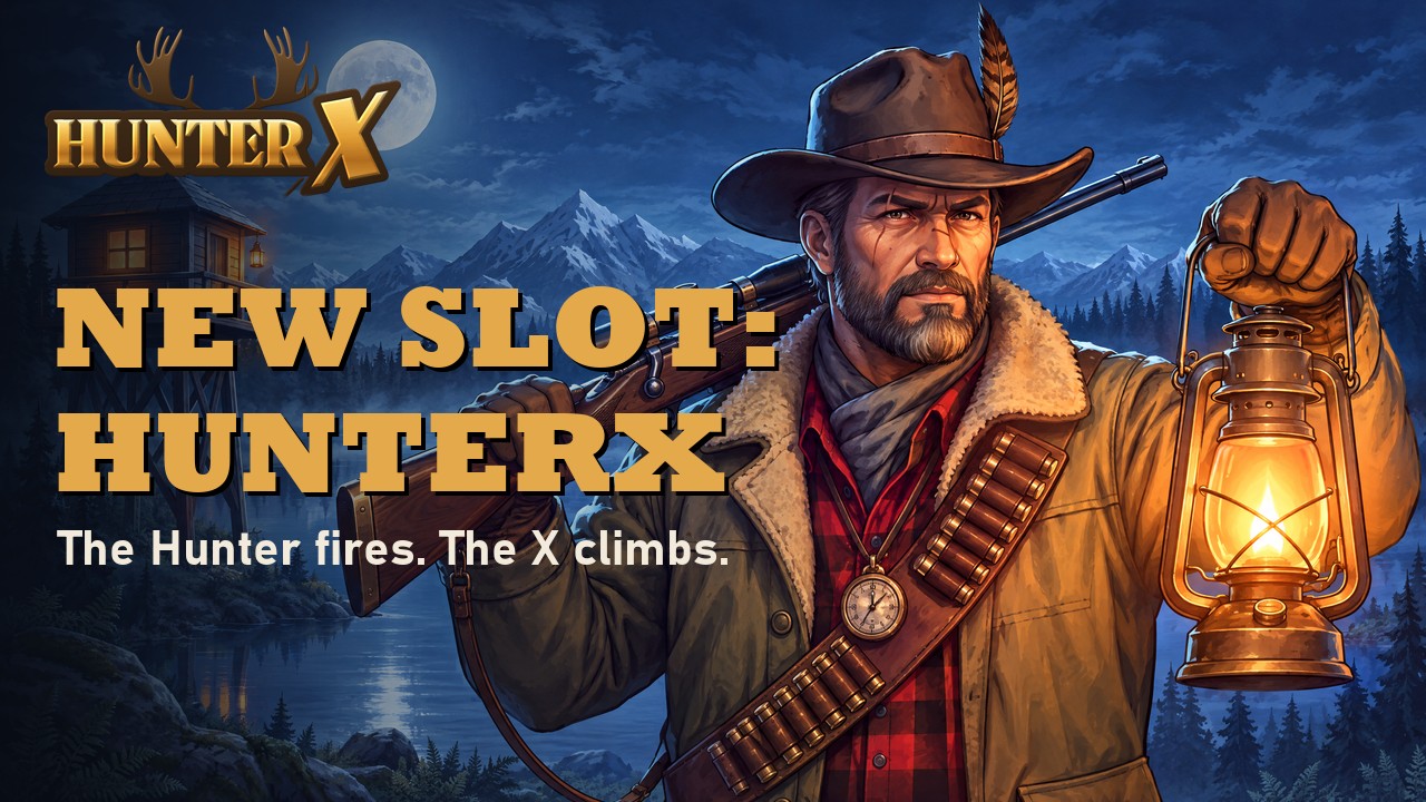 Thumbnail: the Hunter with a rifle on his shoulder and a lit lantern by a moonlit lake, the HunterX logo, NEW SLOT: HUNTERX and The Hunter fires. The X climbs.
