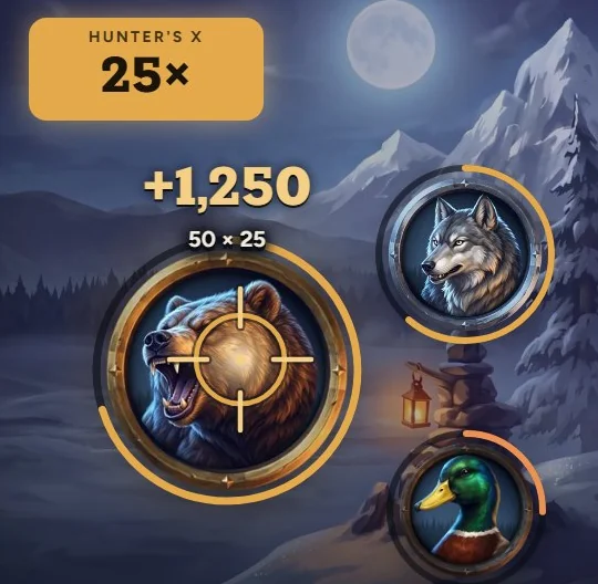 Trophy Hunt: a bear medallion in the crosshair for +1,250, with the Hunter's X at 25×